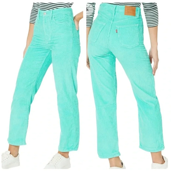 Levi’s Ribcage Straight Ankle Pants in Electric Green Corduroy Size 24 - Picture 2 of 16
